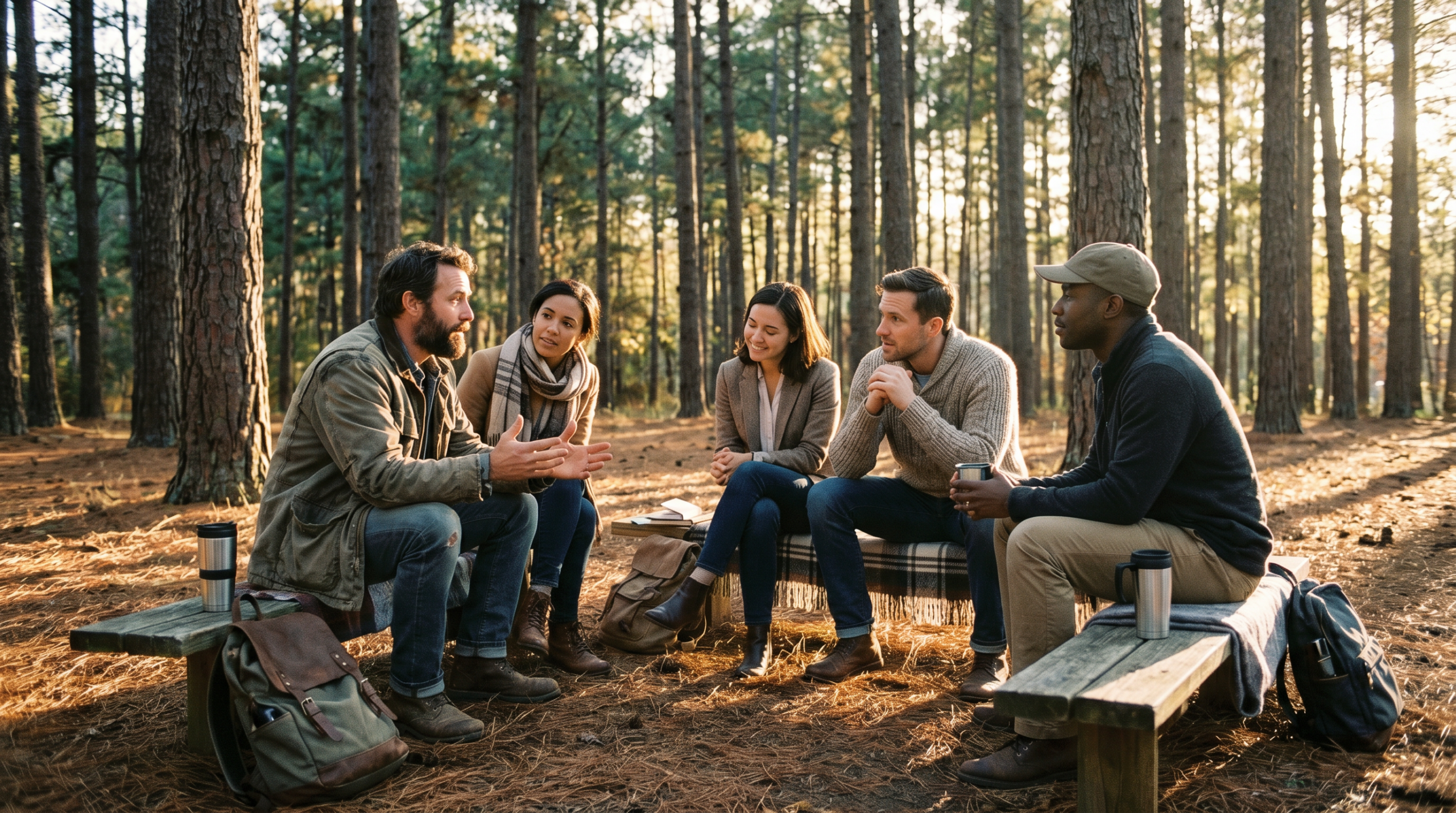 Leaders in outdoor conversation in the forest — Move Mountains adventure leadership retreat