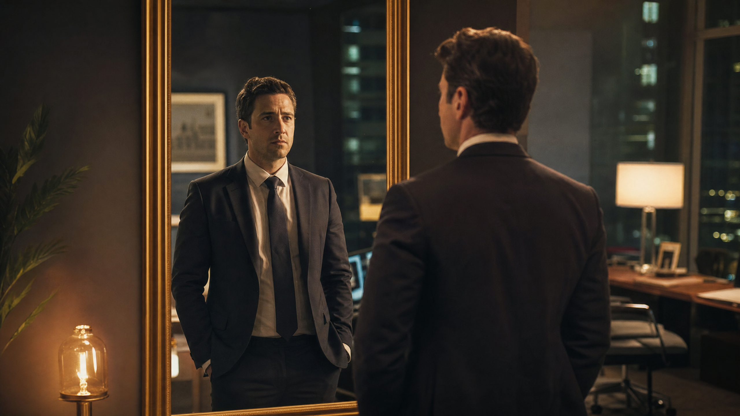 A leader standing in front of a mirror in a modern office, the reflection conveying the duality of public confidence versus private self-doubt