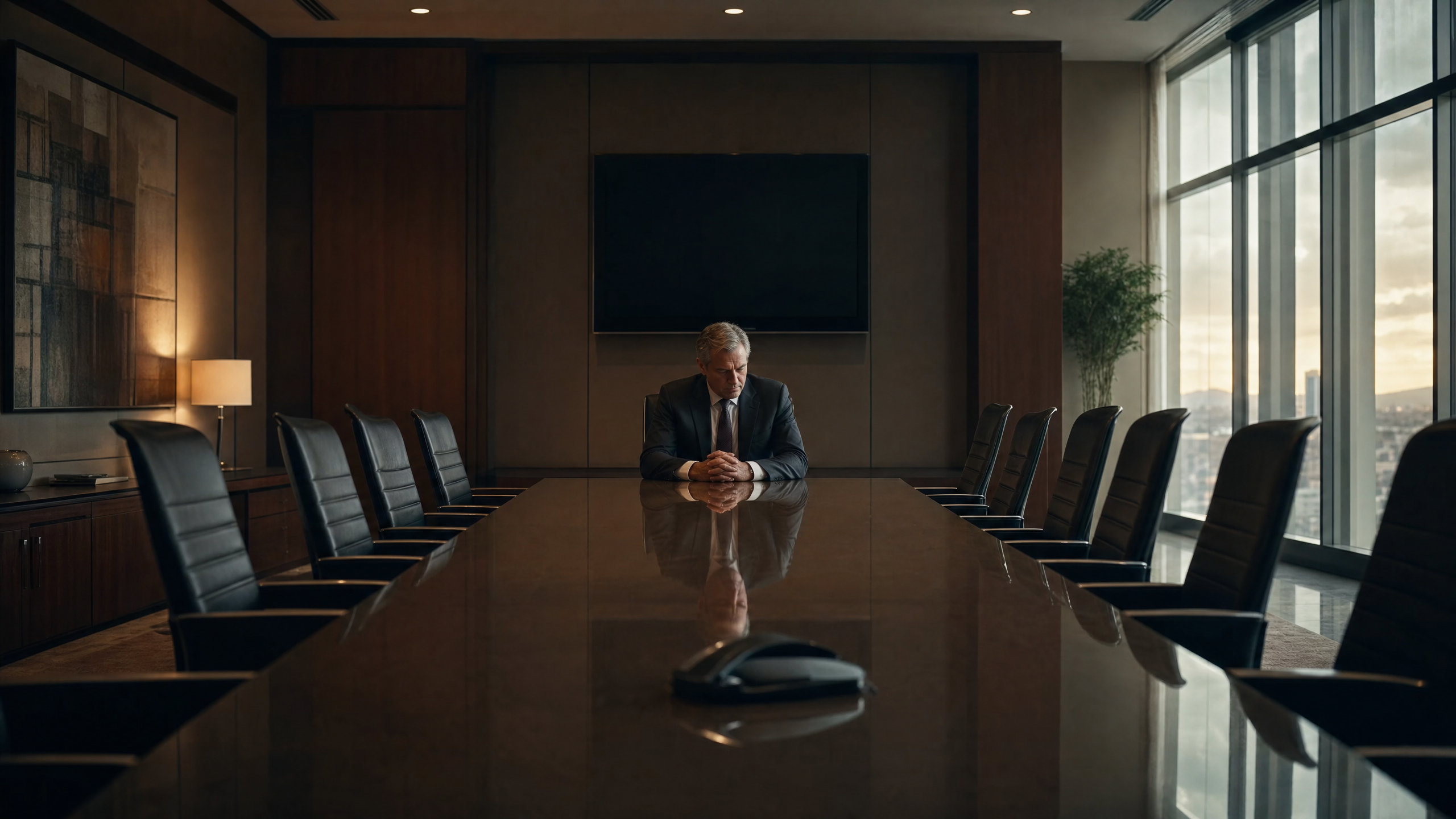 A leader sitting alone at the head of a long conference table after a meeting, deep in thought